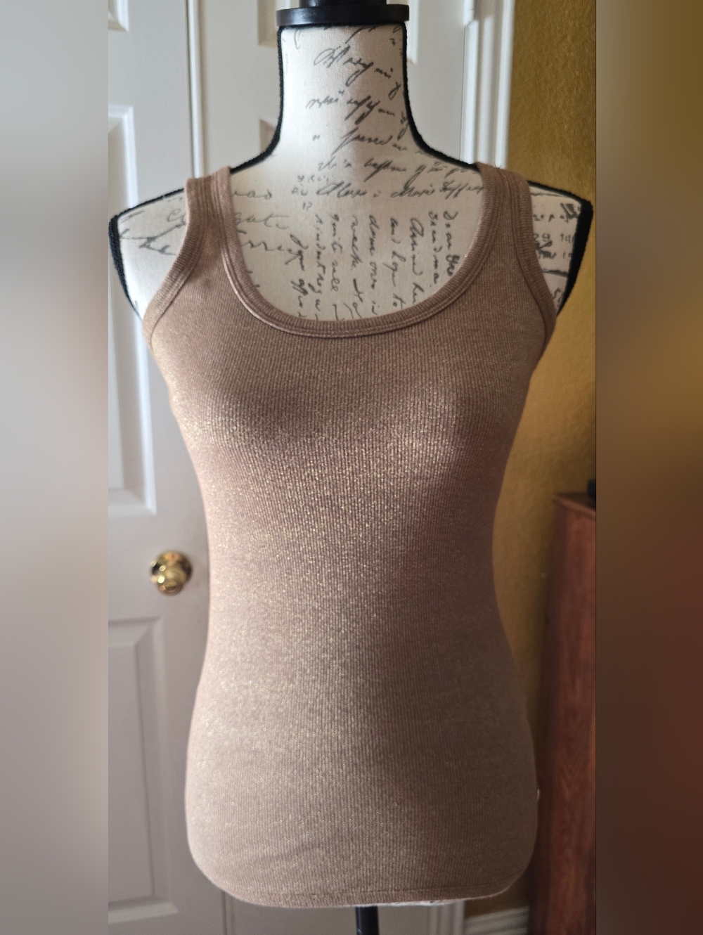 Ribbed Metallic Tank Top - Beige/Gold Size S/M